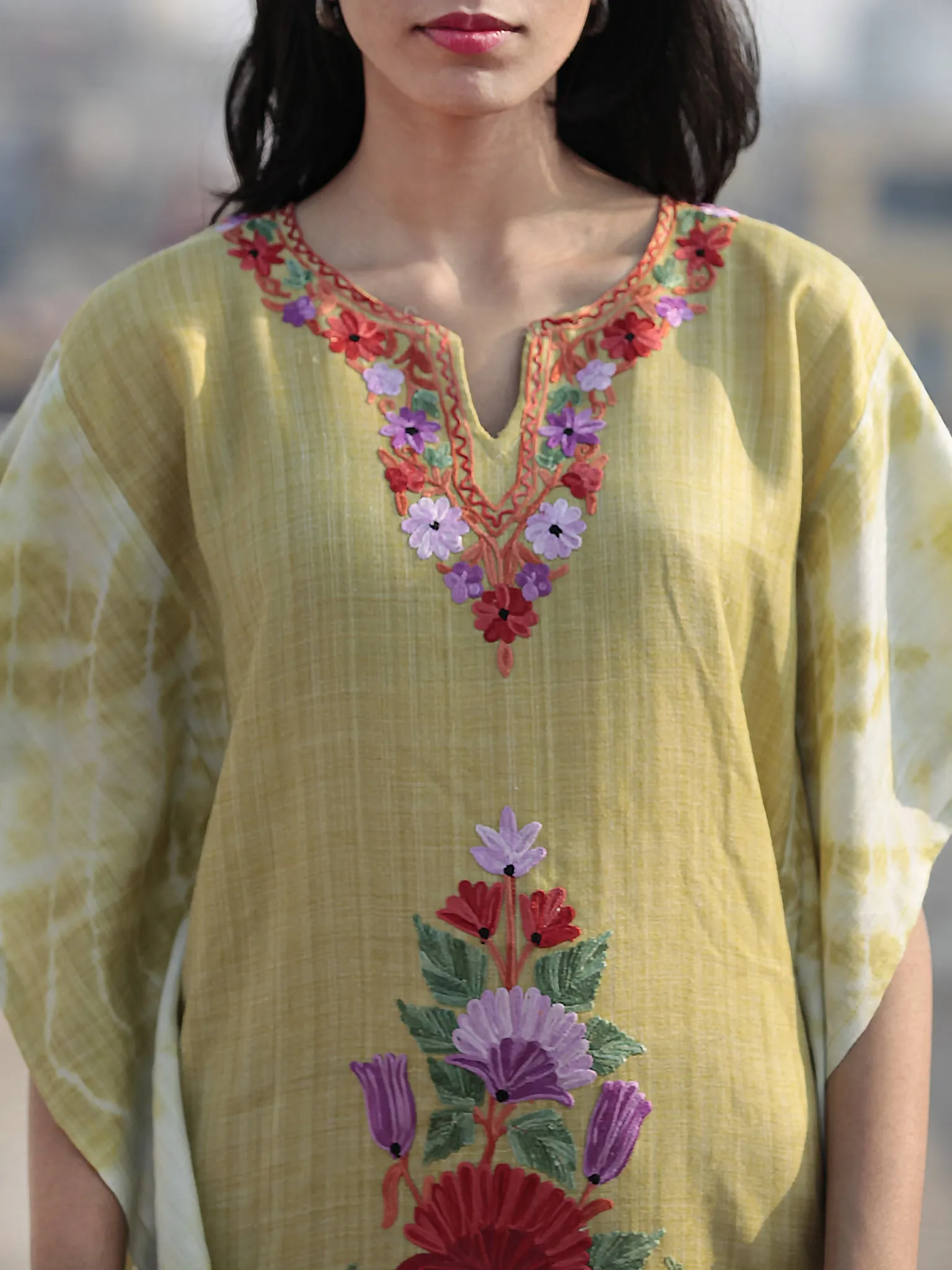 Chartreuse Green Lavender Red Aari Embroidered Short Kashmere Kaftan  - K11K043