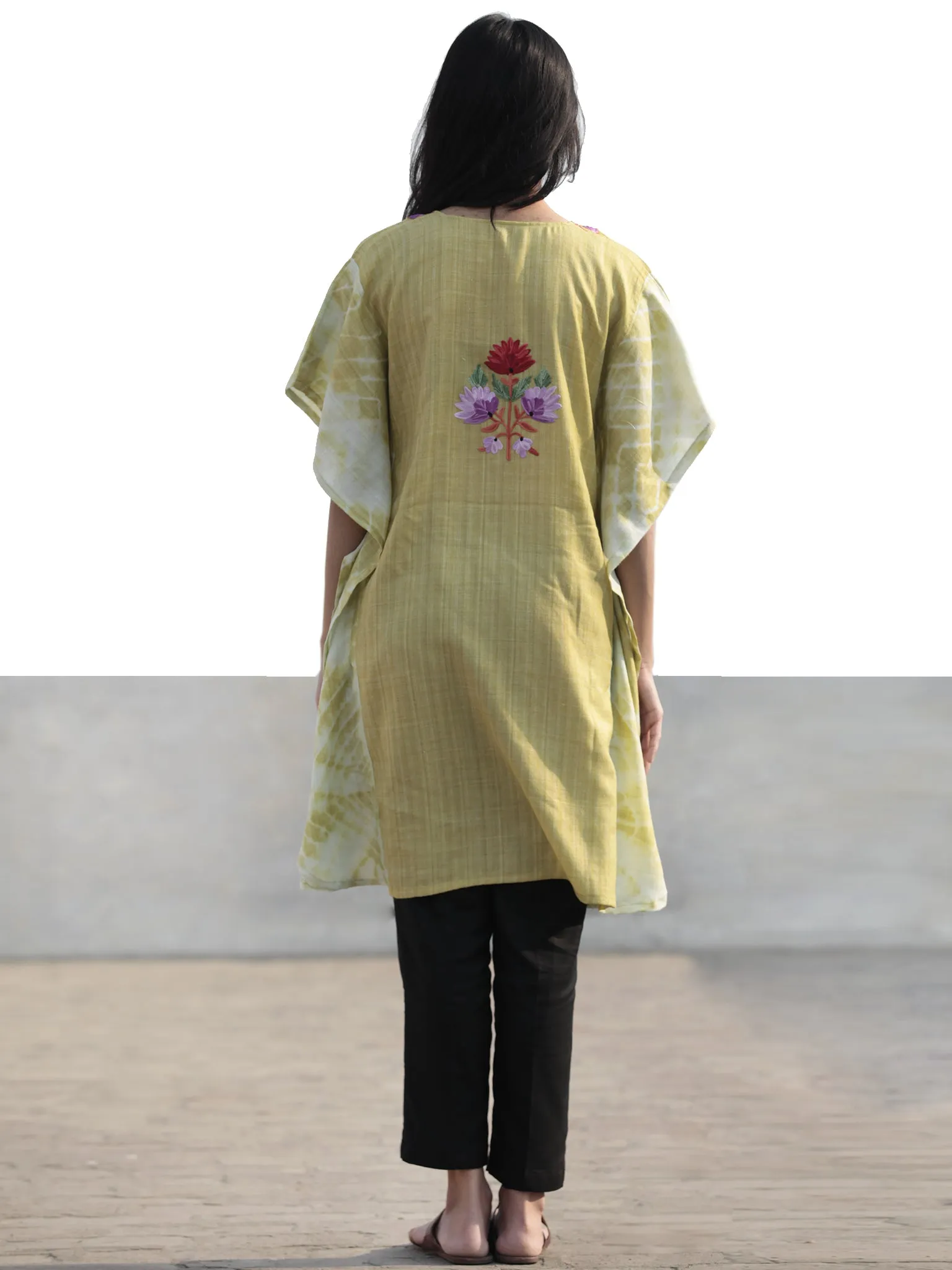 Chartreuse Green Lavender Red Aari Embroidered Short Kashmere Kaftan  - K11K043