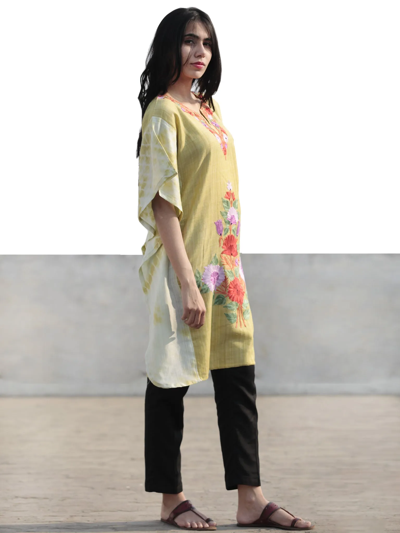 Chartreuse Green Lavender Red Aari Embroidered Short Kashmere Kaftan  - K11K043