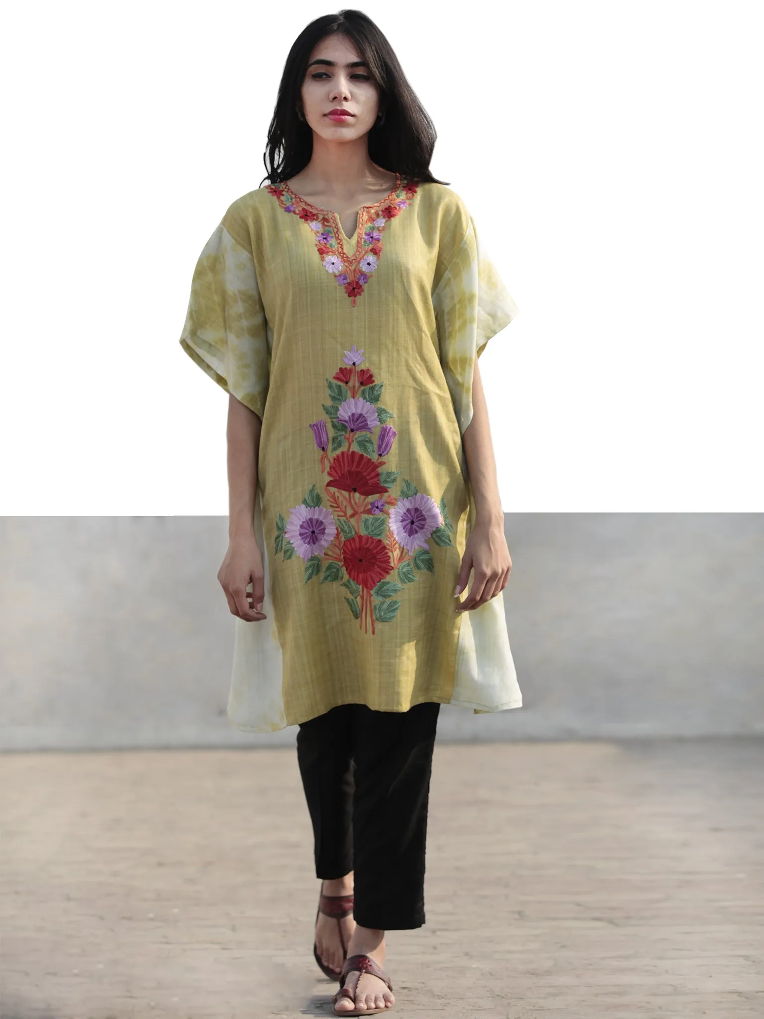 Chartreuse Green Lavender Red Aari Embroidered Short Kashmere Kaftan  - K11K043