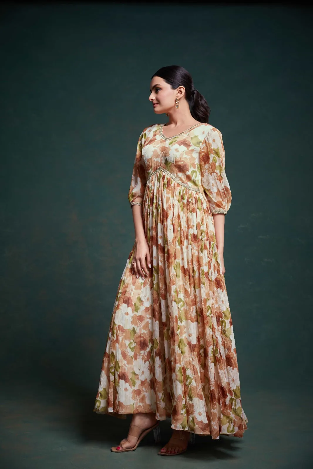 Chic Brown Georgette Dress with Elegant Prints – Ready to Wear