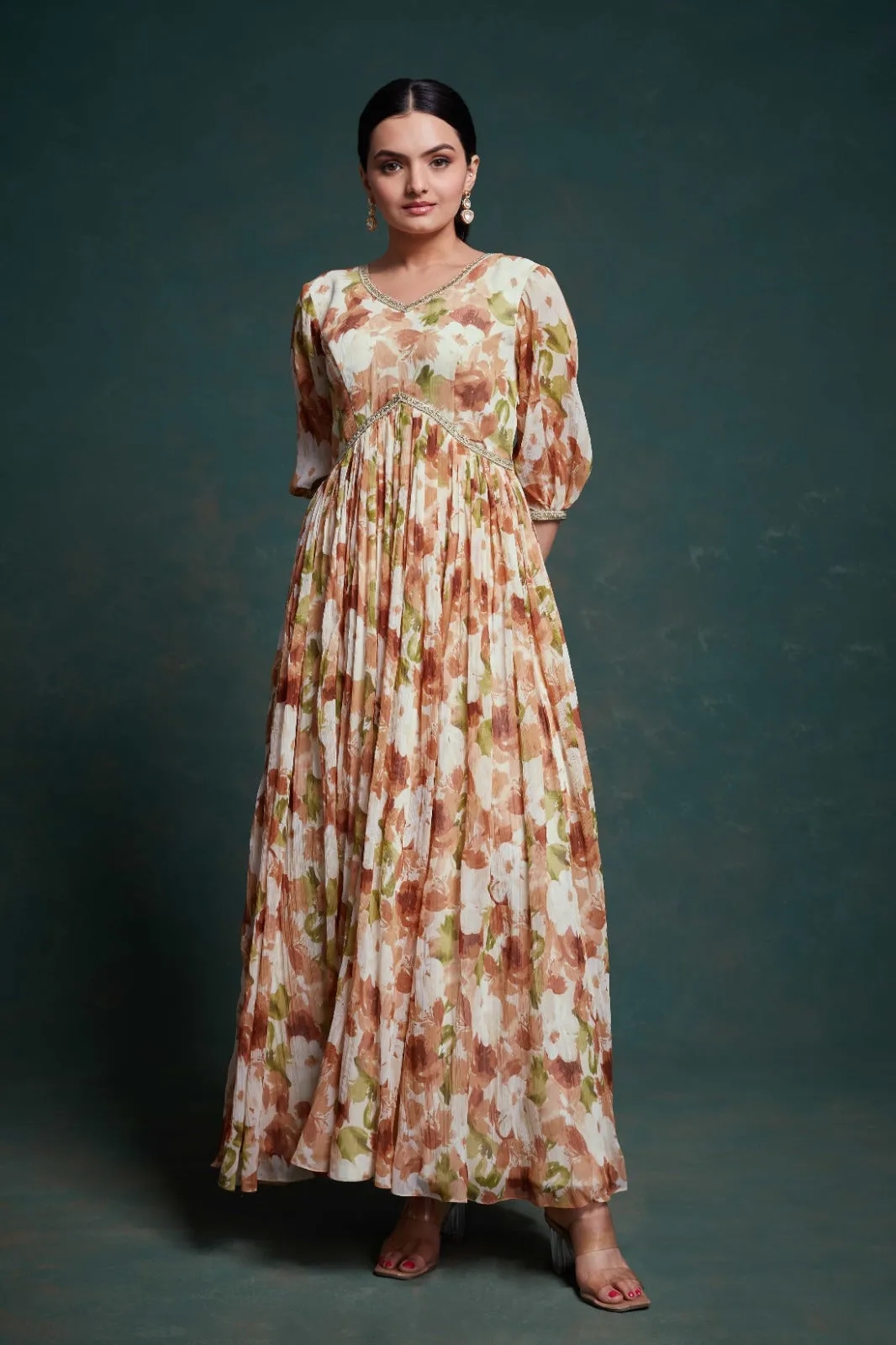 Chic Brown Georgette Dress with Elegant Prints – Ready to Wear