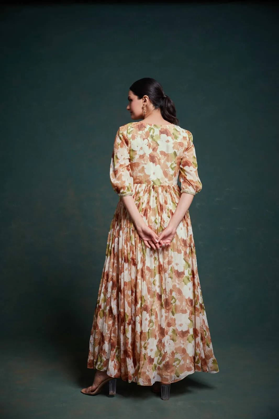 Chic Brown Georgette Dress with Elegant Prints – Ready to Wear