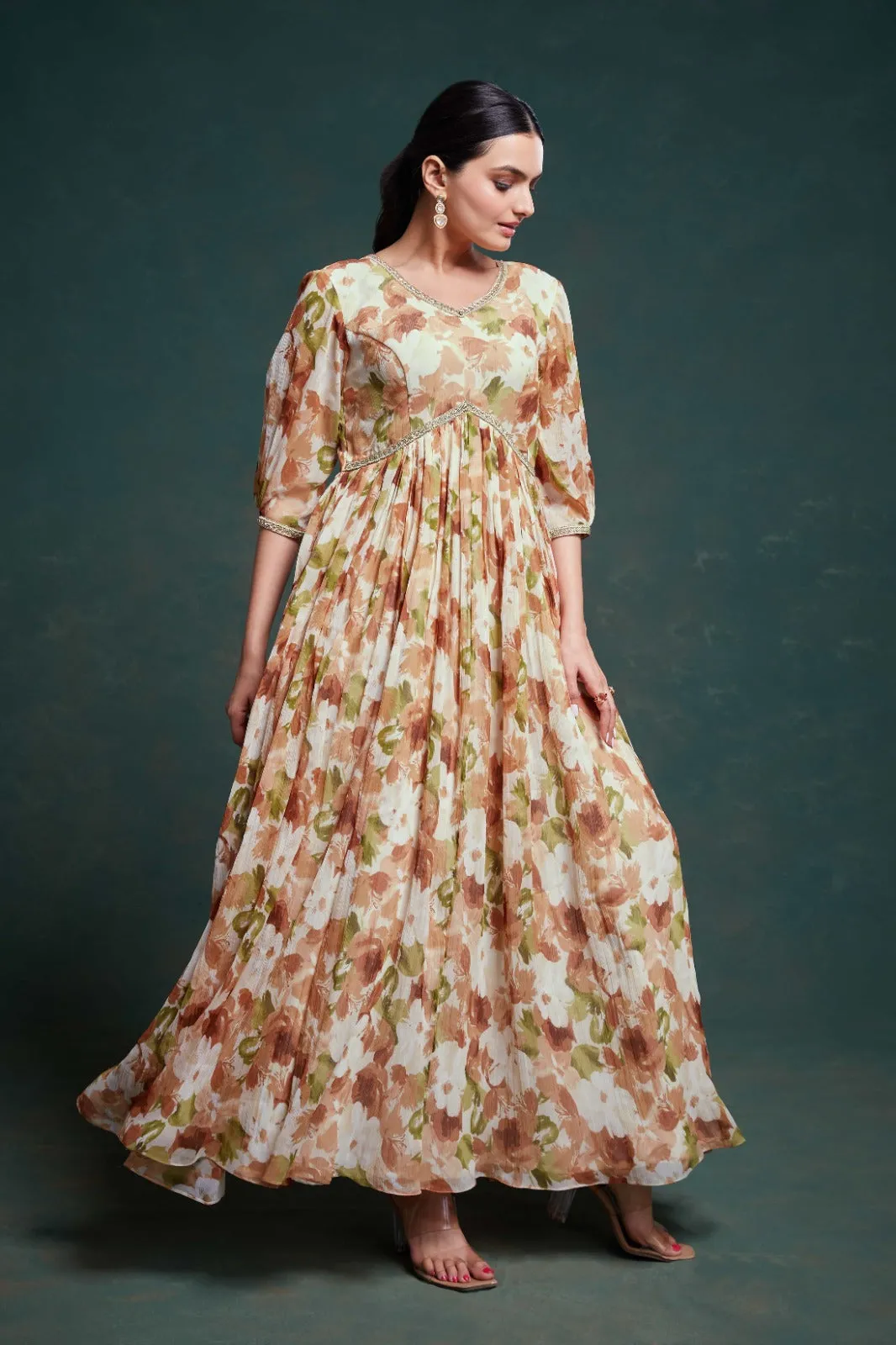 Chic Brown Georgette Dress with Elegant Prints – Ready to Wear