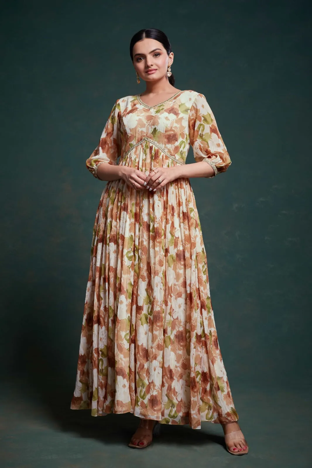 Chic Brown Georgette Dress with Elegant Prints – Ready to Wear
