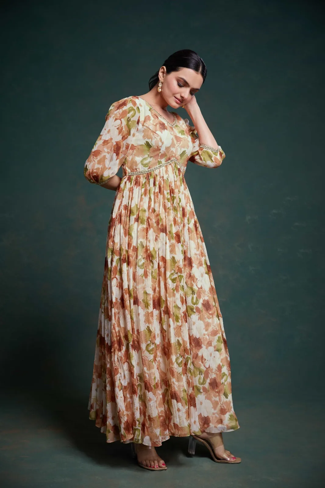 Chic Brown Georgette Dress with Elegant Prints – Ready to Wear