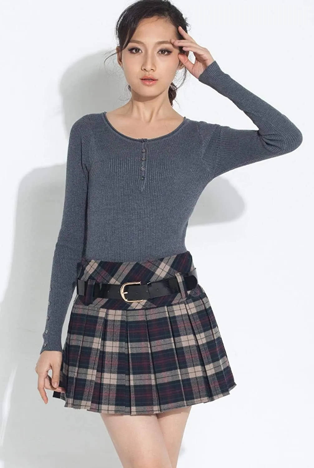 chouyatou Women's A-Line Plaid Wool Blend Pleated Skirt Side Zipper
