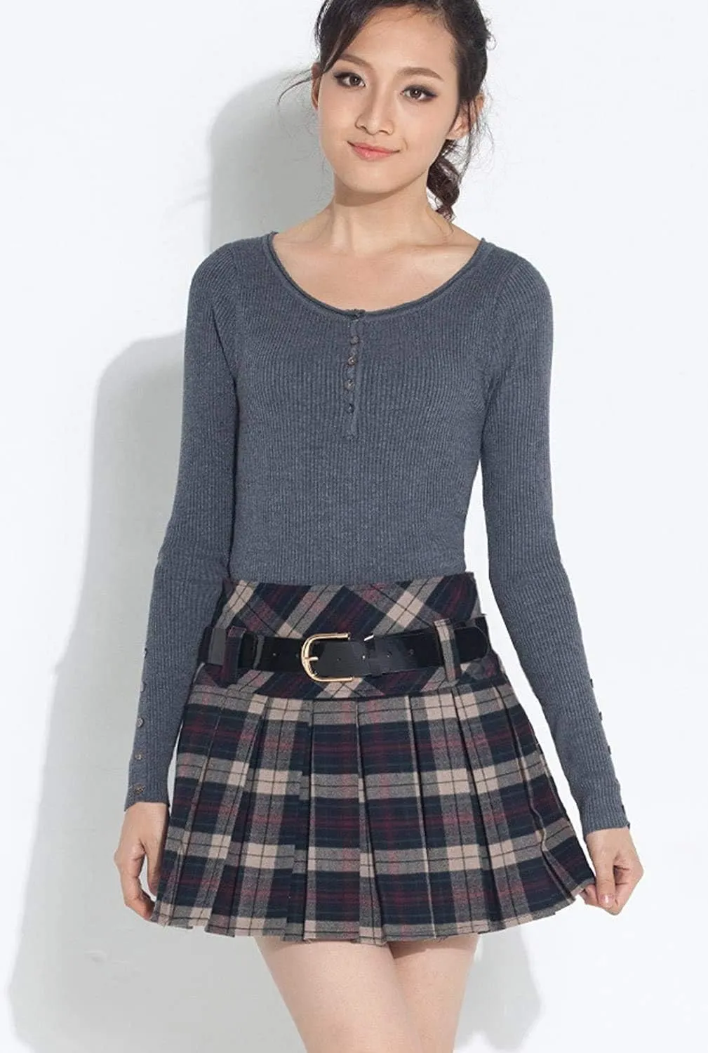 chouyatou Women's A-Line Plaid Wool Blend Pleated Skirt Side Zipper