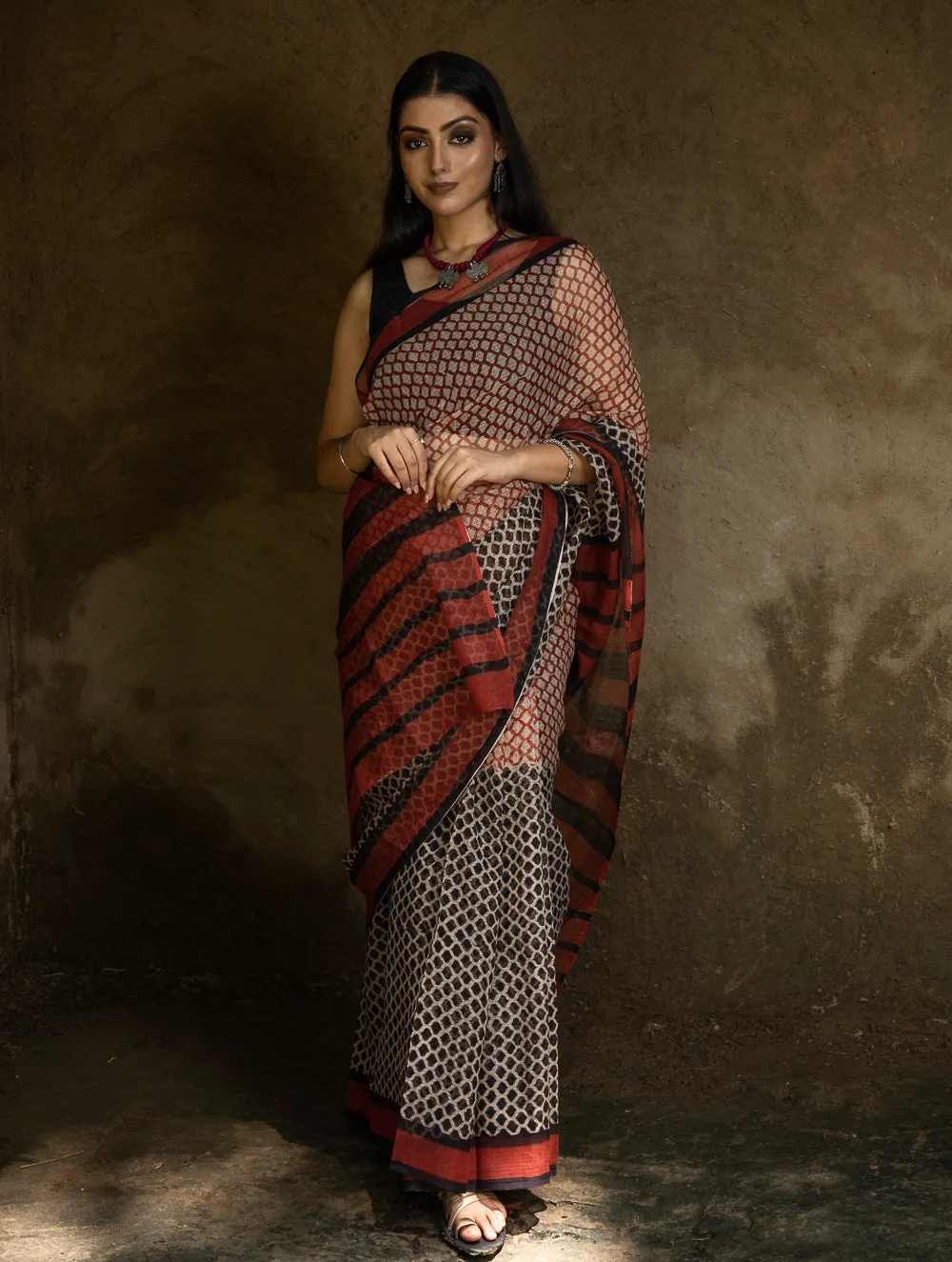 Classic Appeal. Bagru Hand Block Printed Kota Doria Saree - Honeycomb