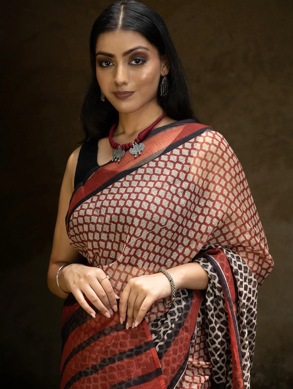 Classic Appeal. Bagru Hand Block Printed Kota Doria Saree - Honeycomb