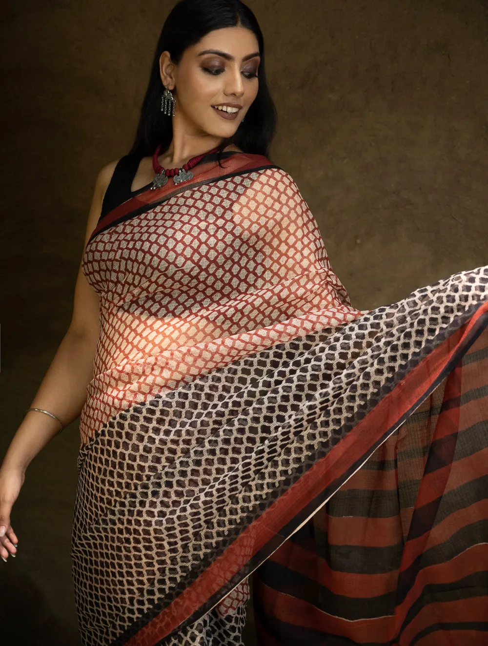 Classic Appeal. Bagru Hand Block Printed Kota Doria Saree - Honeycomb