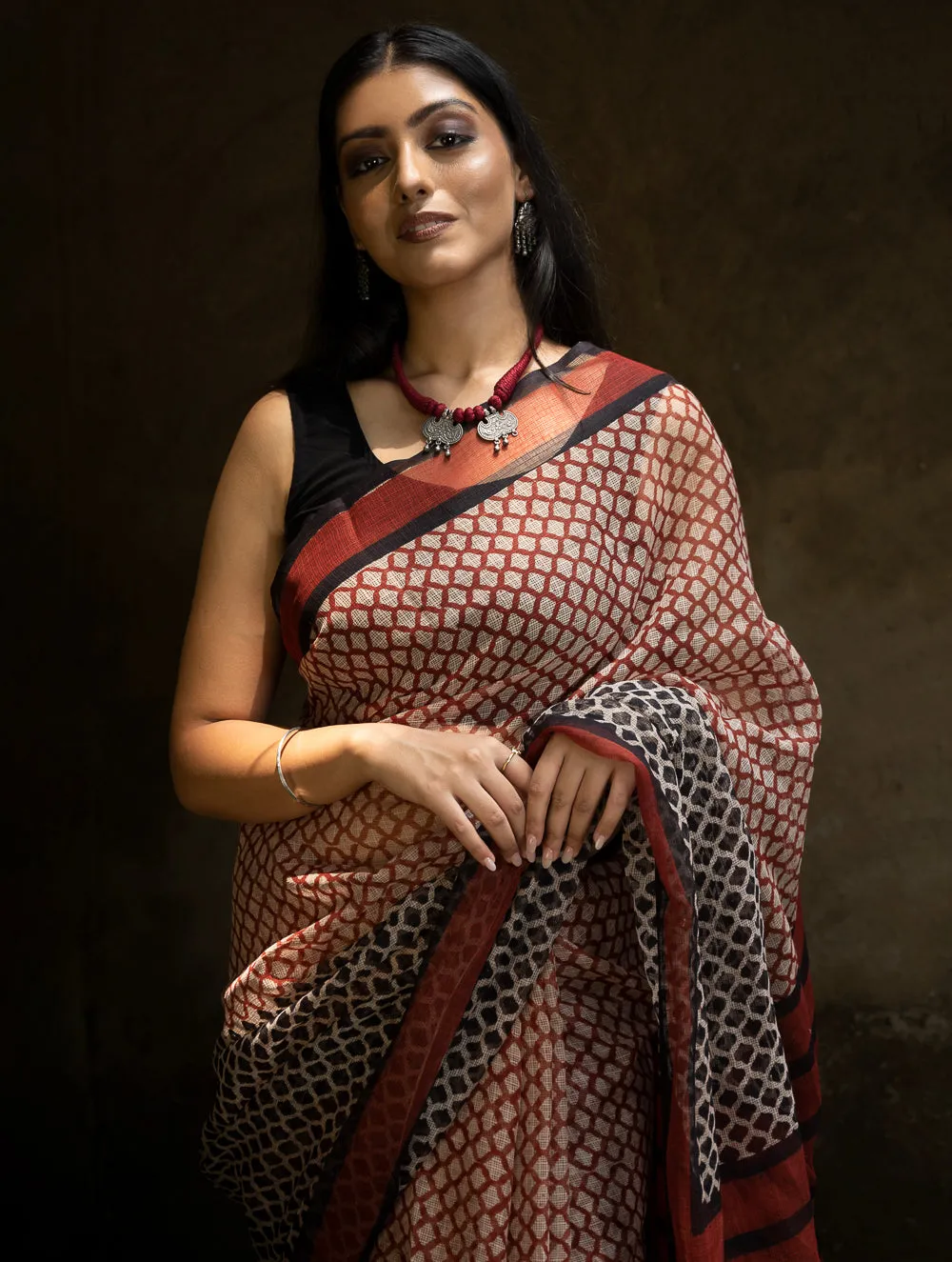 Classic Appeal. Bagru Hand Block Printed Kota Doria Saree - Honeycomb