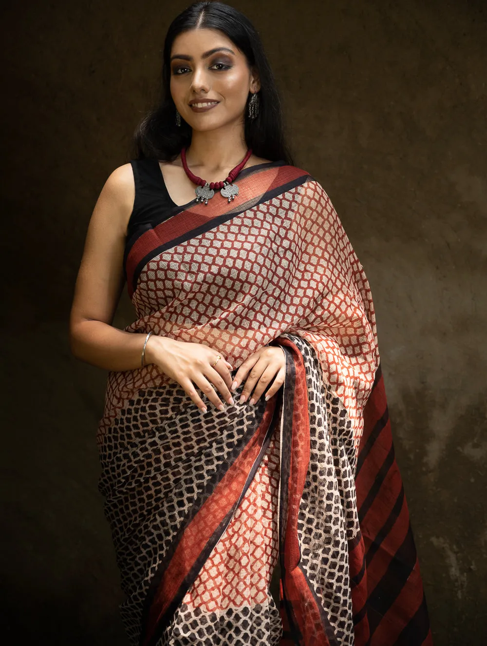 Classic Appeal. Bagru Hand Block Printed Kota Doria Saree - Honeycomb