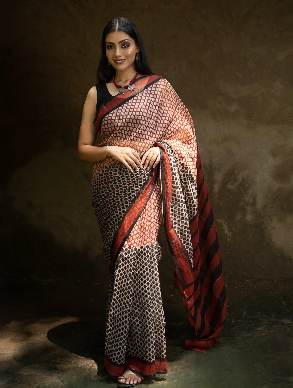 Classic Appeal. Bagru Hand Block Printed Kota Doria Saree - Honeycomb