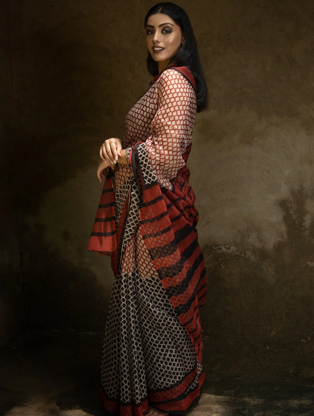 Classic Appeal. Bagru Hand Block Printed Kota Doria Saree - Honeycomb