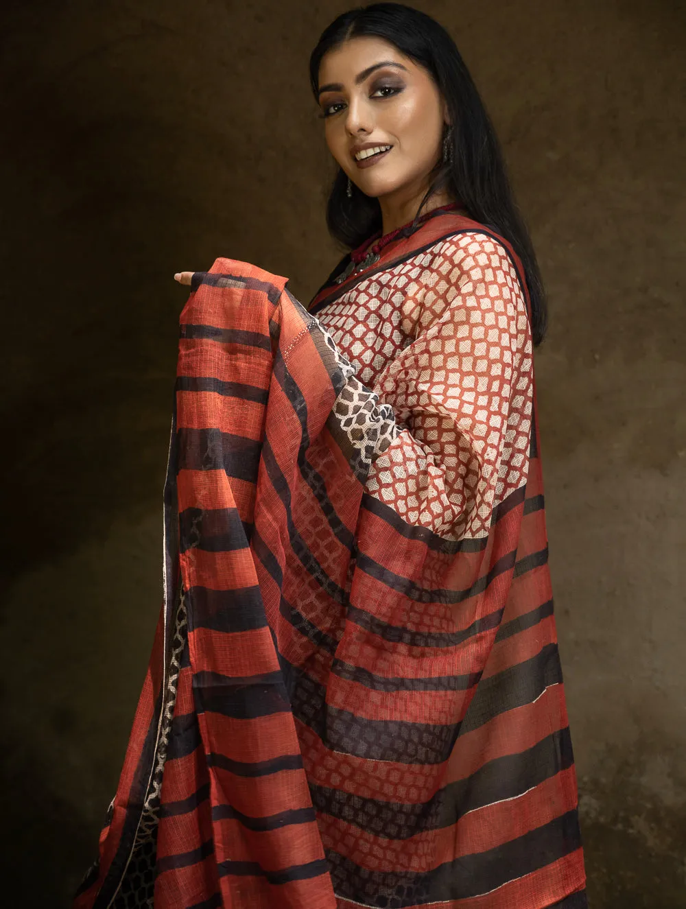 Classic Appeal. Bagru Hand Block Printed Kota Doria Saree - Honeycomb