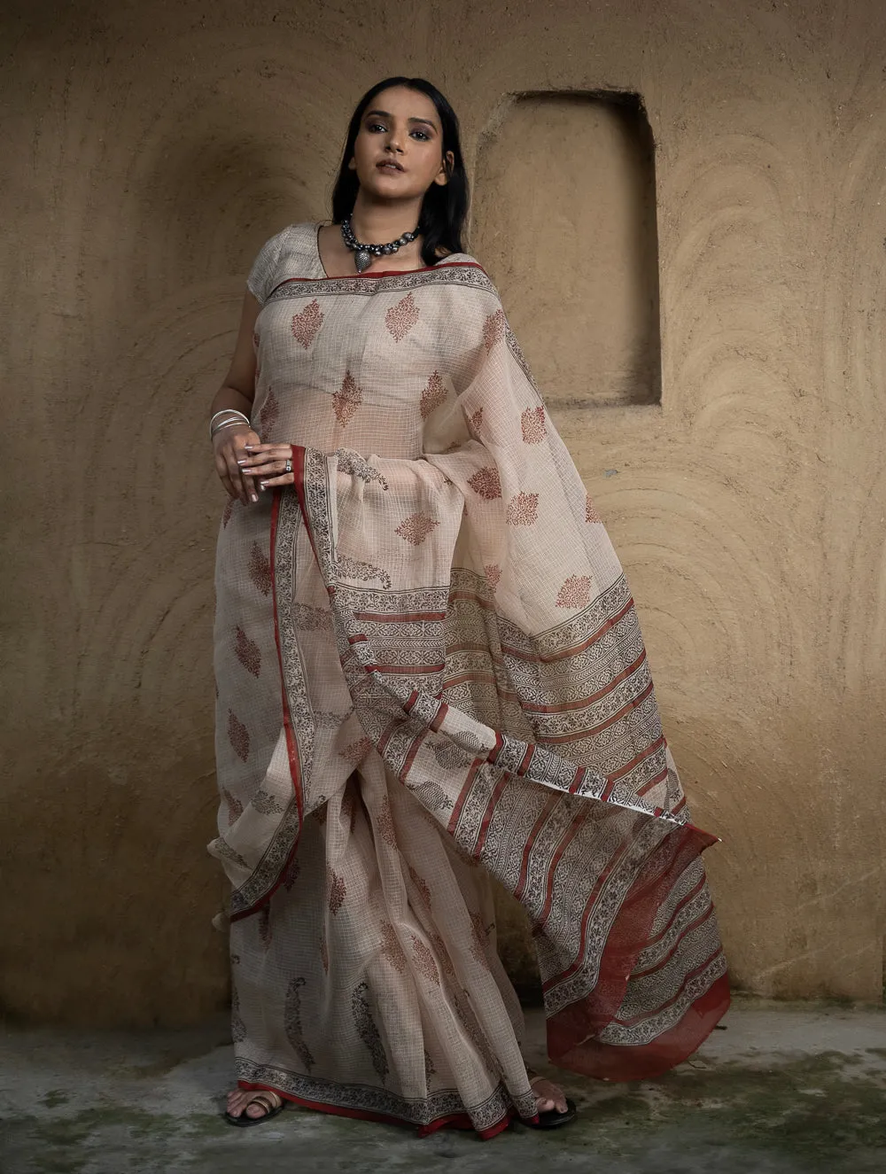 Classic Appeal. Bagru Hand Block Printed Kota Doria Saree - Royal Ornate