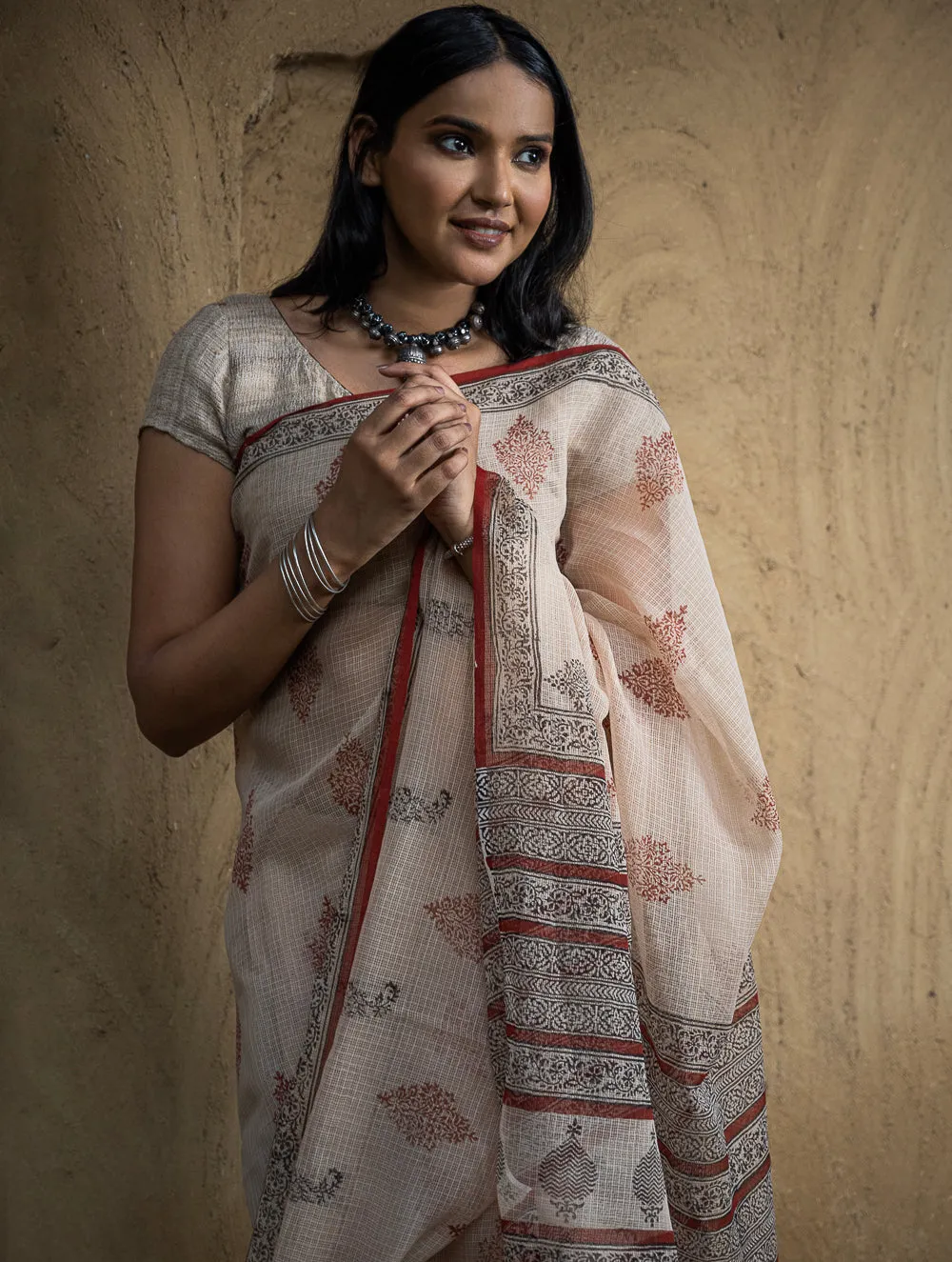 Classic Appeal. Bagru Hand Block Printed Kota Doria Saree - Royal Ornate