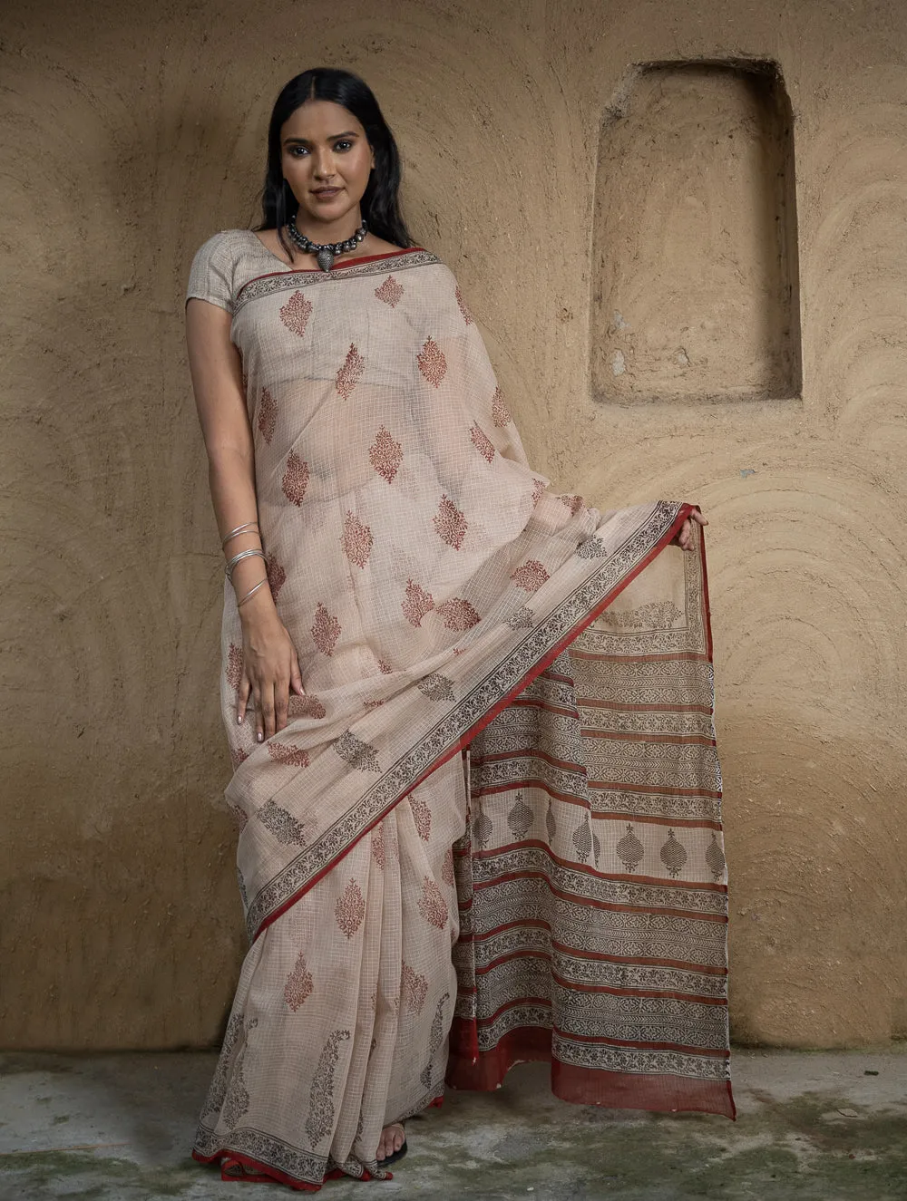 Classic Appeal. Bagru Hand Block Printed Kota Doria Saree - Royal Ornate
