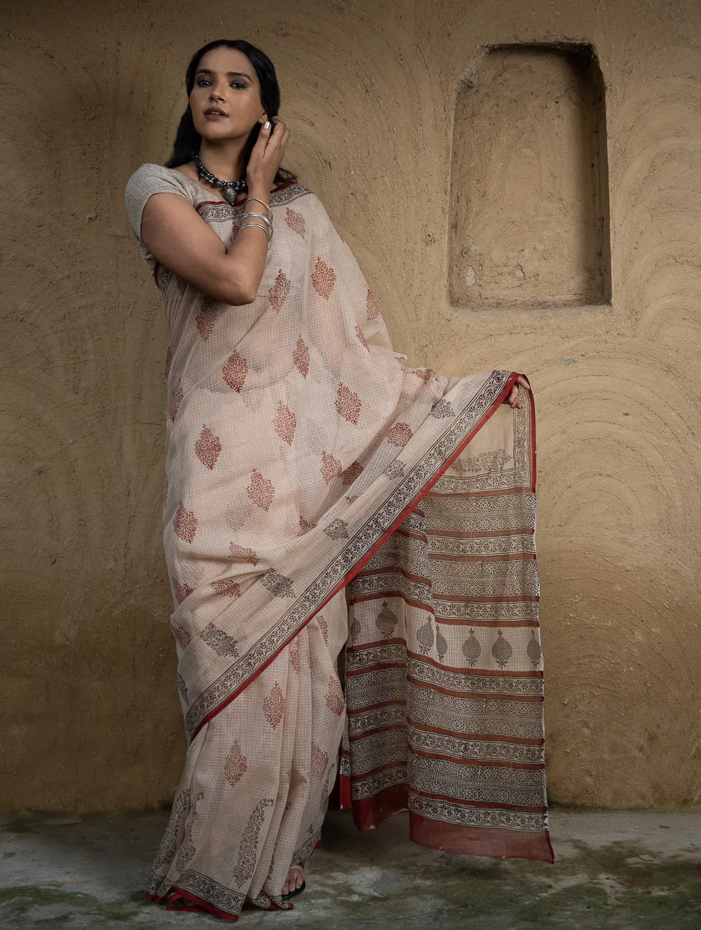 Classic Appeal. Bagru Hand Block Printed Kota Doria Saree - Royal Ornate