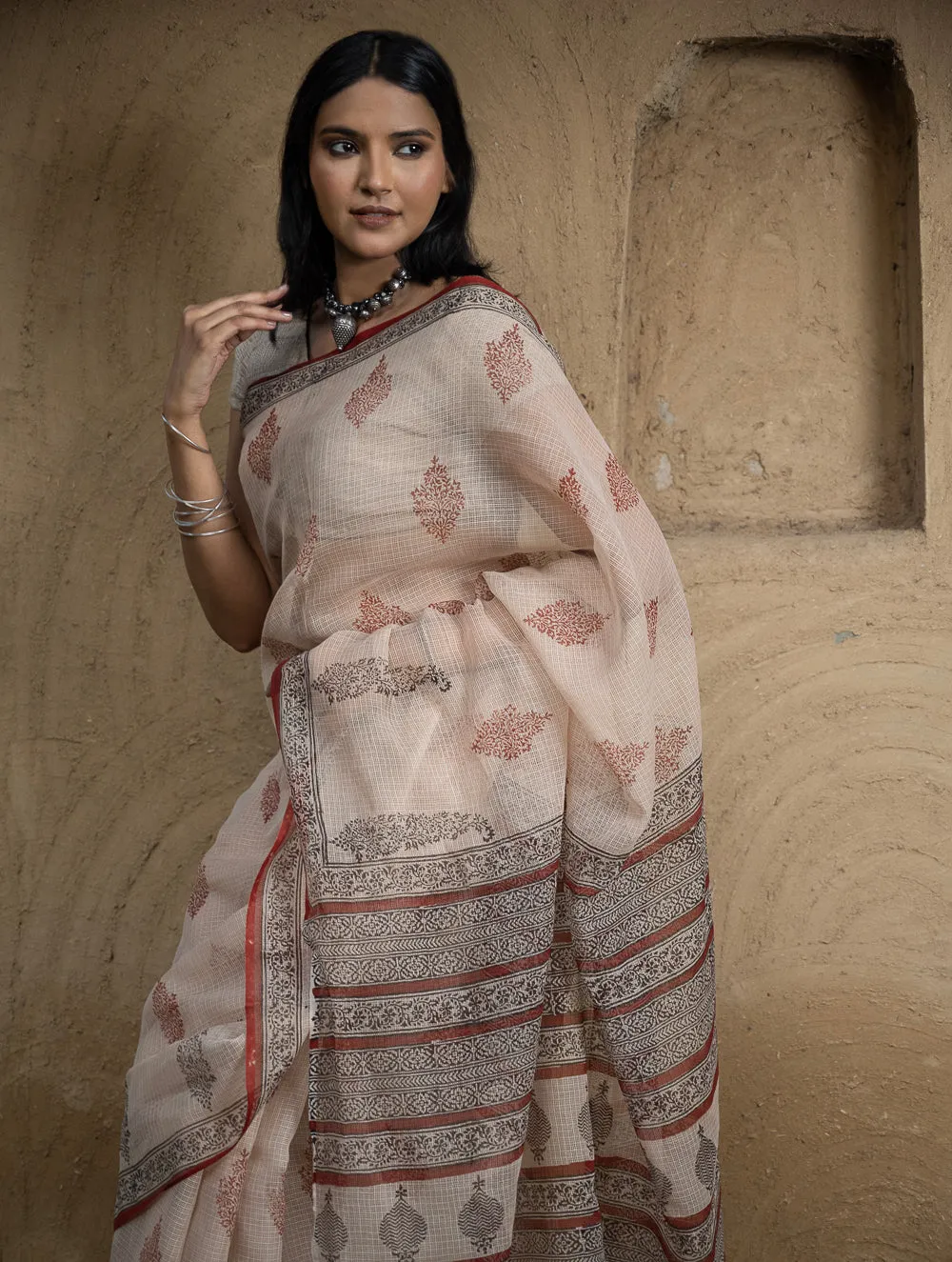 Classic Appeal. Bagru Hand Block Printed Kota Doria Saree - Royal Ornate