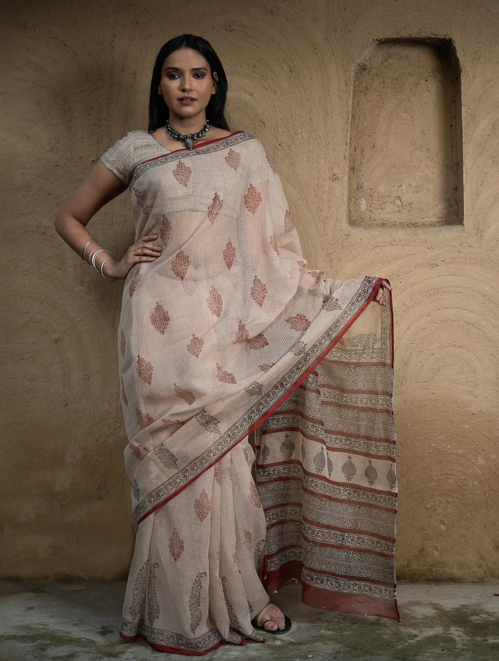 Classic Appeal. Bagru Hand Block Printed Kota Doria Saree - Royal Ornate