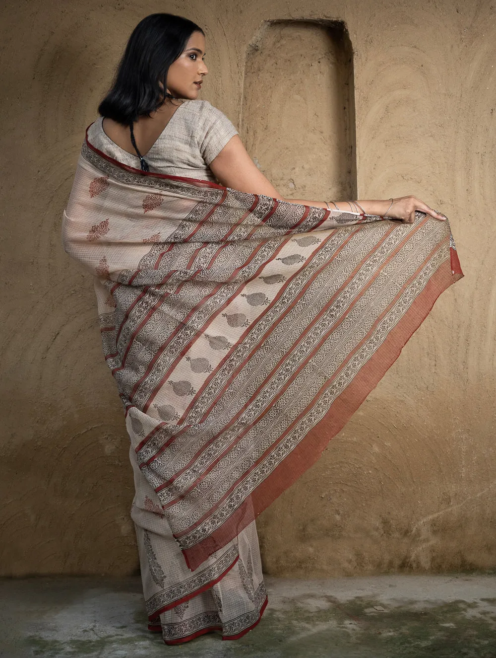 Classic Appeal. Bagru Hand Block Printed Kota Doria Saree - Royal Ornate