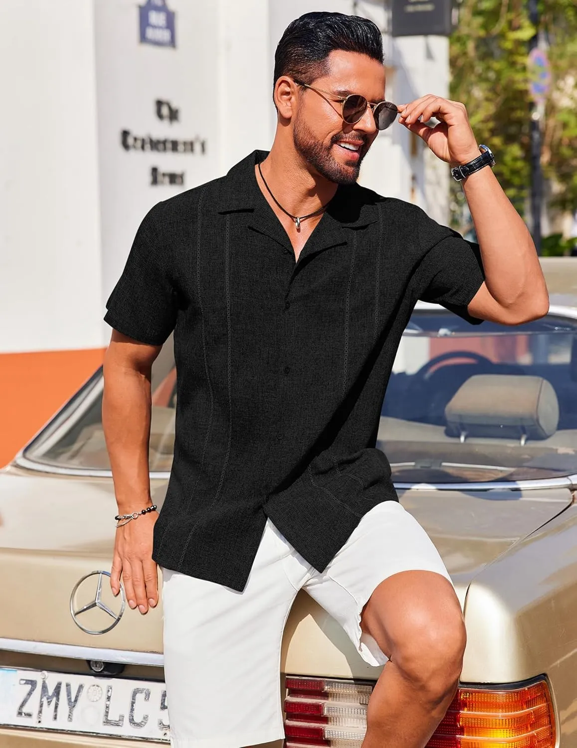 COOFANDY Guayabera Shirts for Men Cuban Short Sleeve Button Down Summer Shirts Linen Shirts