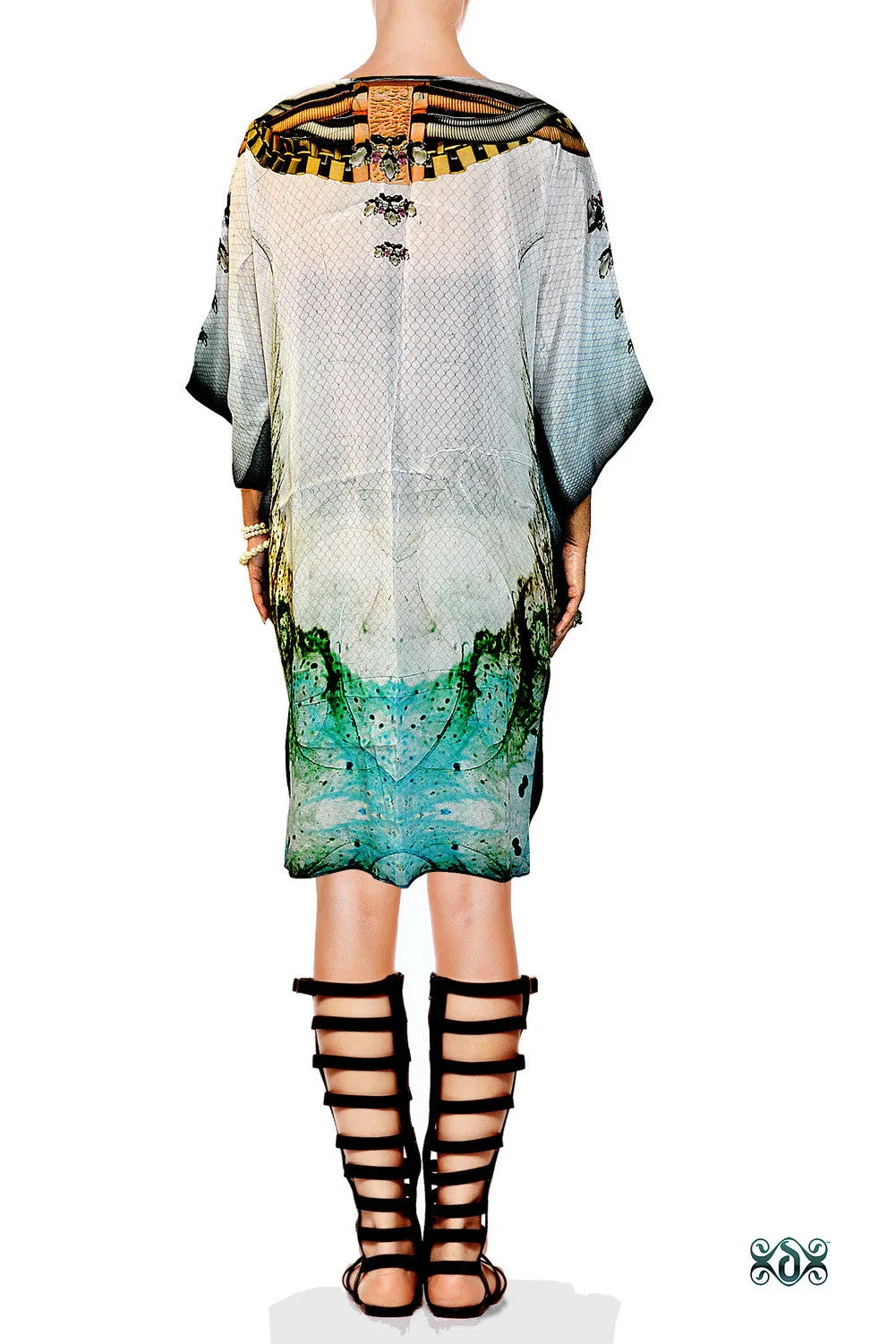 CRYSTALLIUS Ornate Crystals Pure Silk Devarshy Short Embellished Kaftan - 1096B