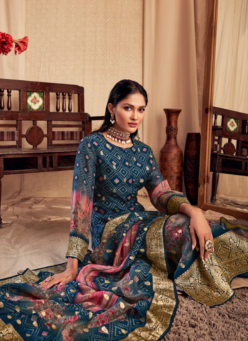Dark Blue Printed Viscose Jacquard Salwar Kameez