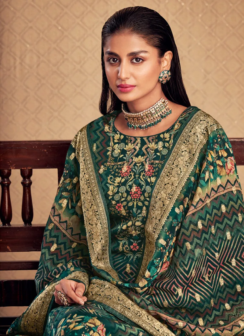 Dark Green Printed Viscose Jacquard Salwar Kameez