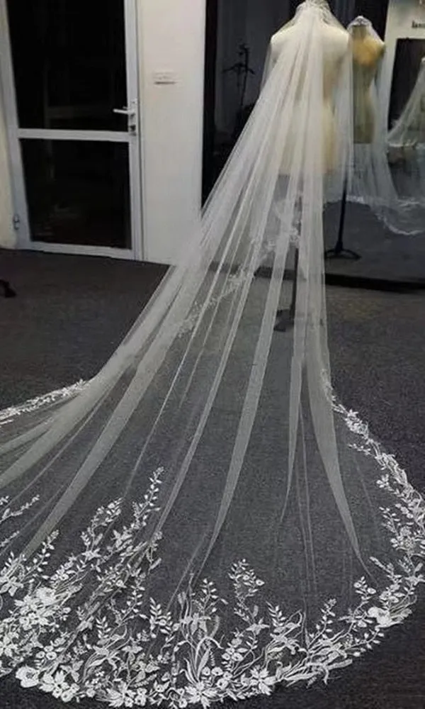 Elegant Floral White Ivory Long Lace Bridal Wedding Cathedral Veil