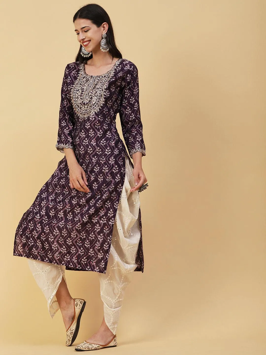 Ethnic & Chevron Batik Printed Mirror, Zari & Sequins Embroidered Kurta - Dark Mauve