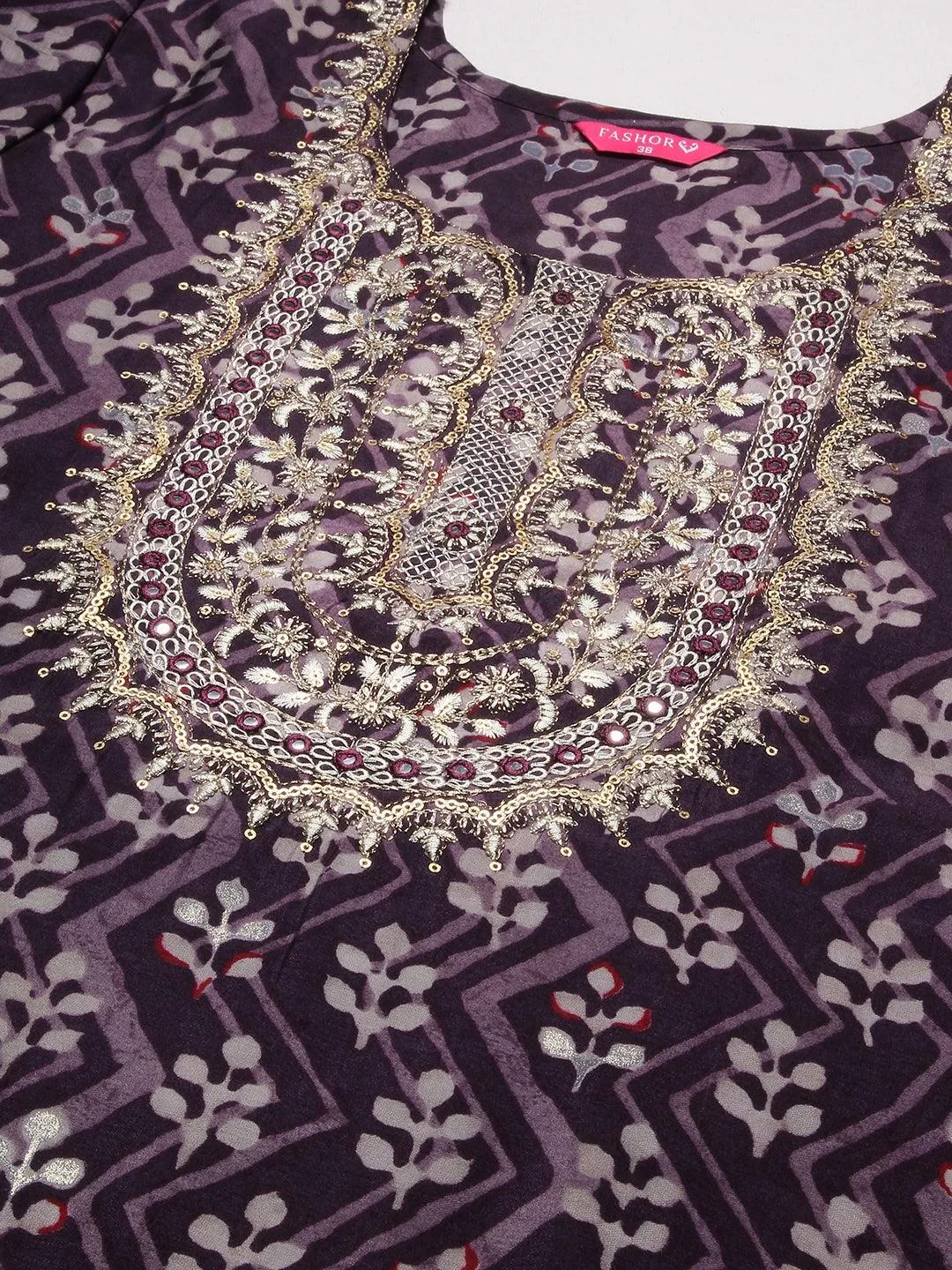 Ethnic & Chevron Batik Printed Mirror, Zari & Sequins Embroidered Kurta - Dark Mauve