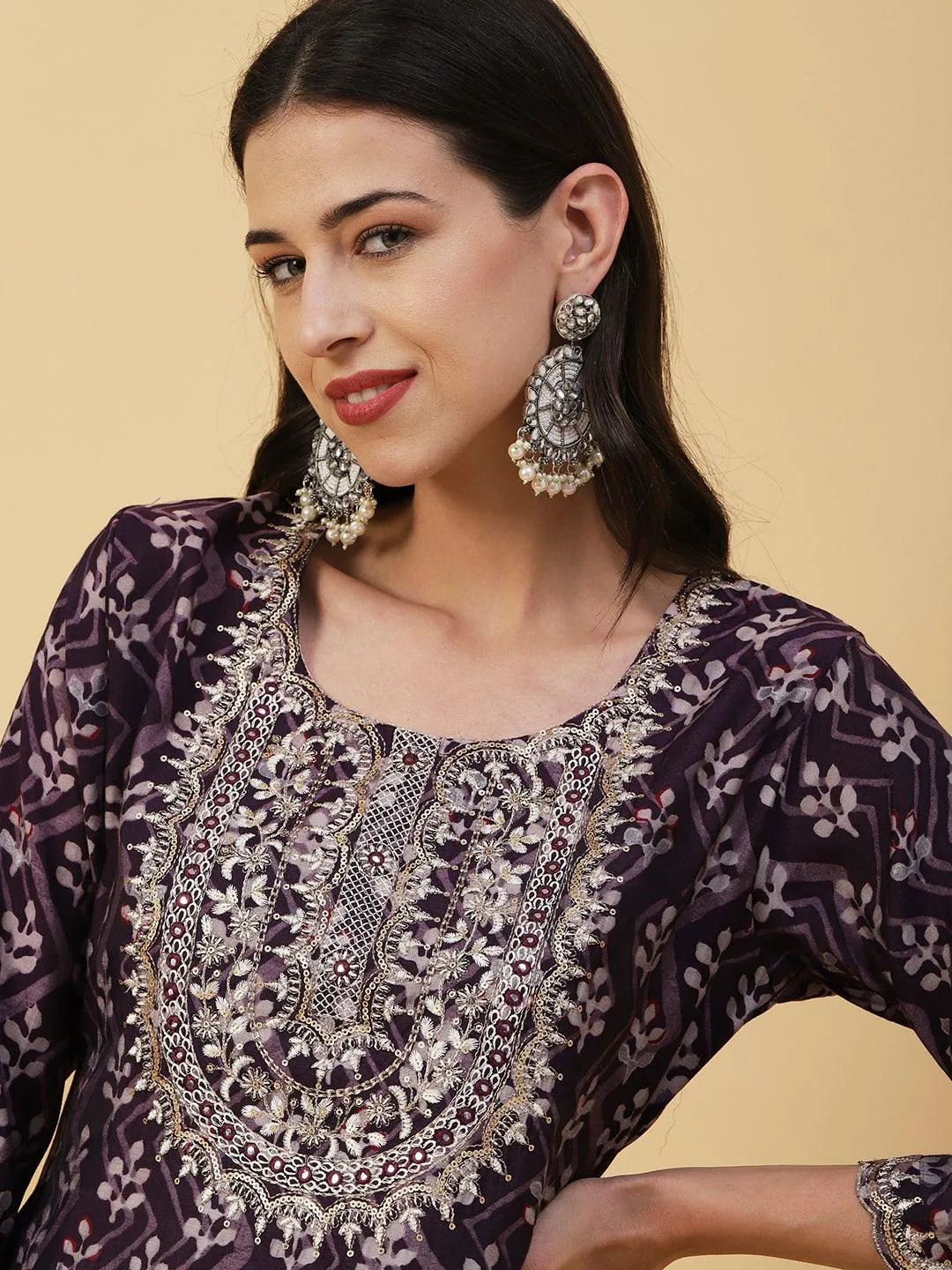 Ethnic & Chevron Batik Printed Mirror, Zari & Sequins Embroidered Kurta - Dark Mauve