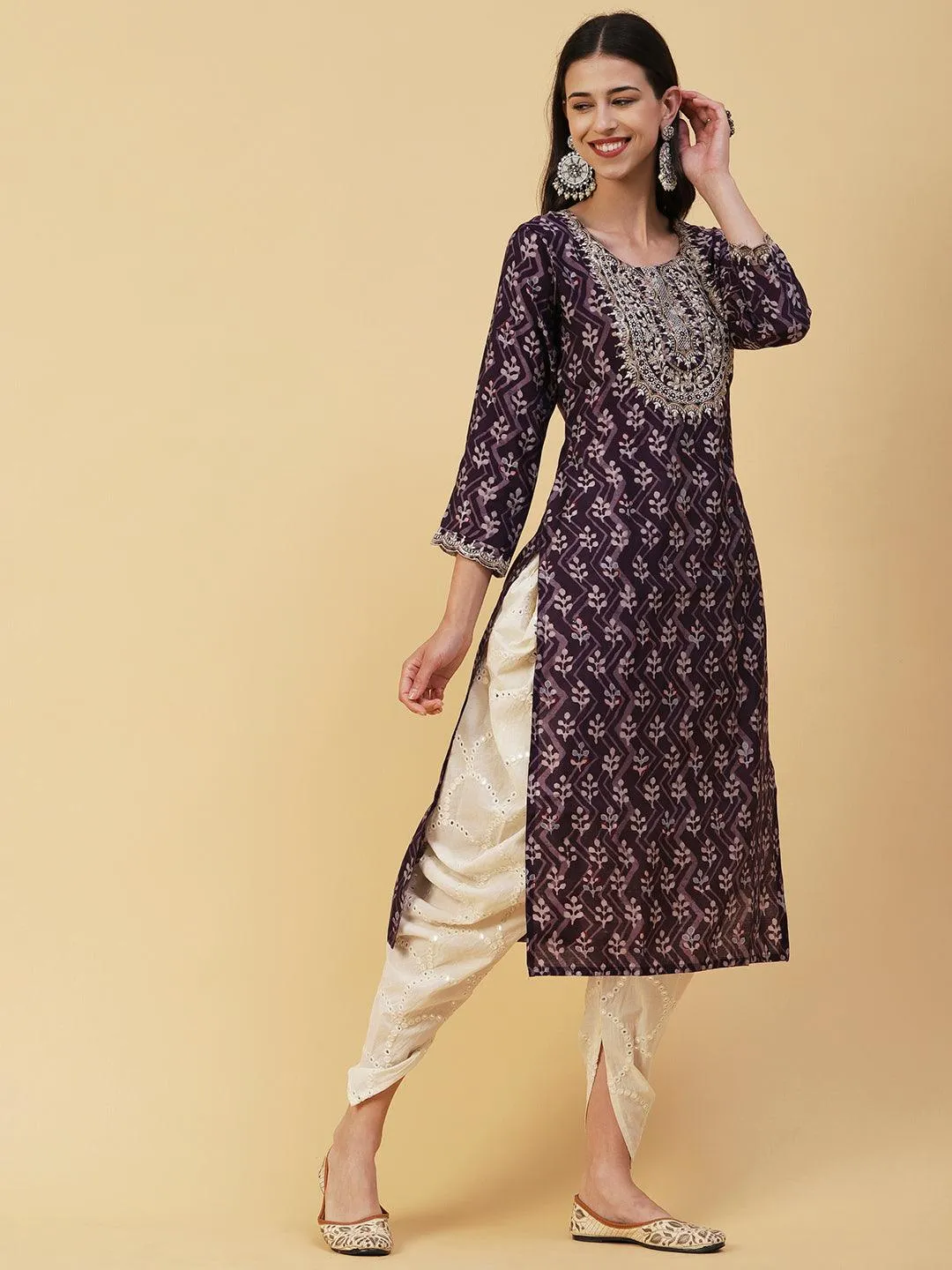Ethnic & Chevron Batik Printed Mirror, Zari & Sequins Embroidered Kurta - Dark Mauve