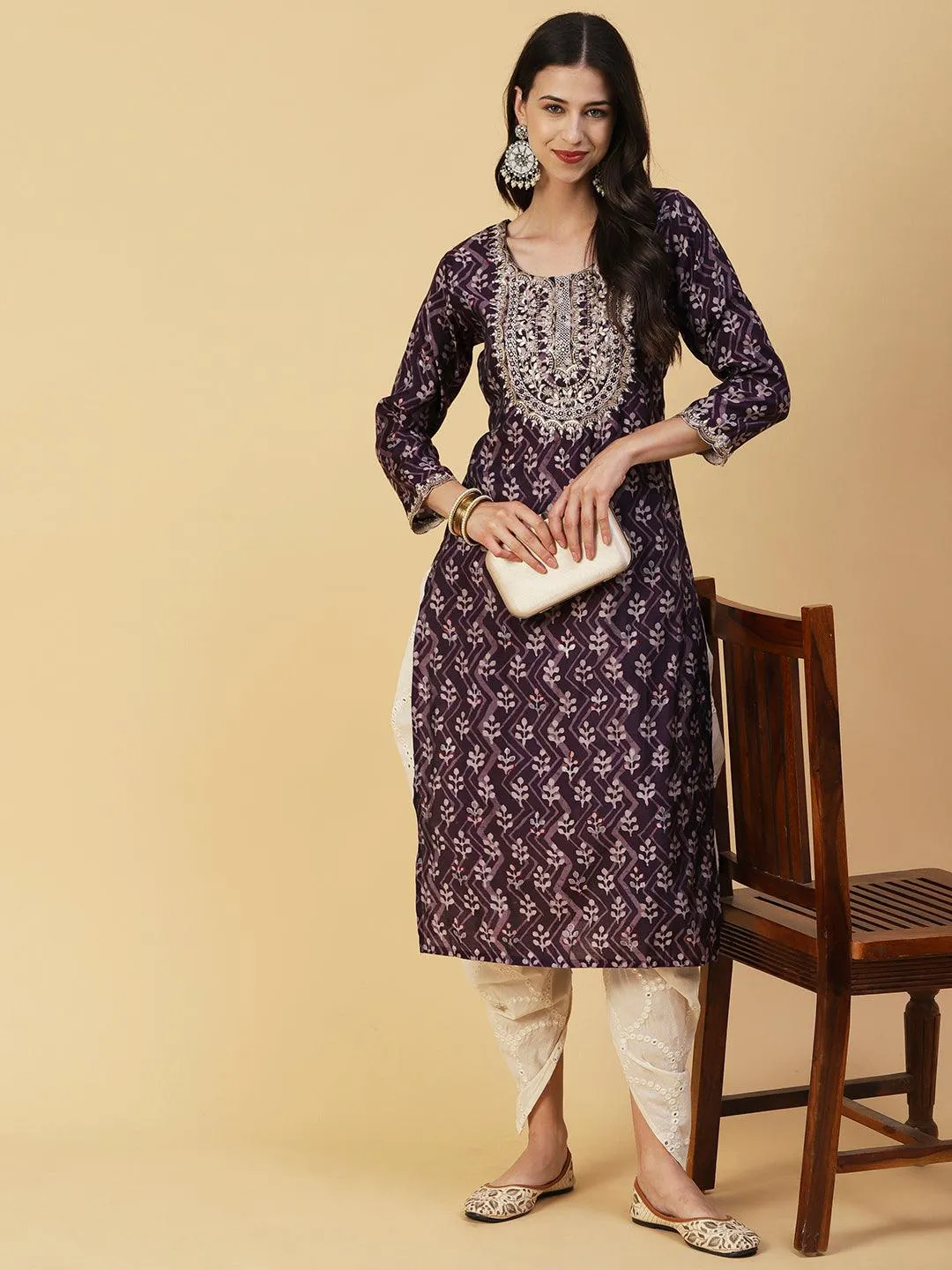 Ethnic & Chevron Batik Printed Mirror, Zari & Sequins Embroidered Kurta - Dark Mauve