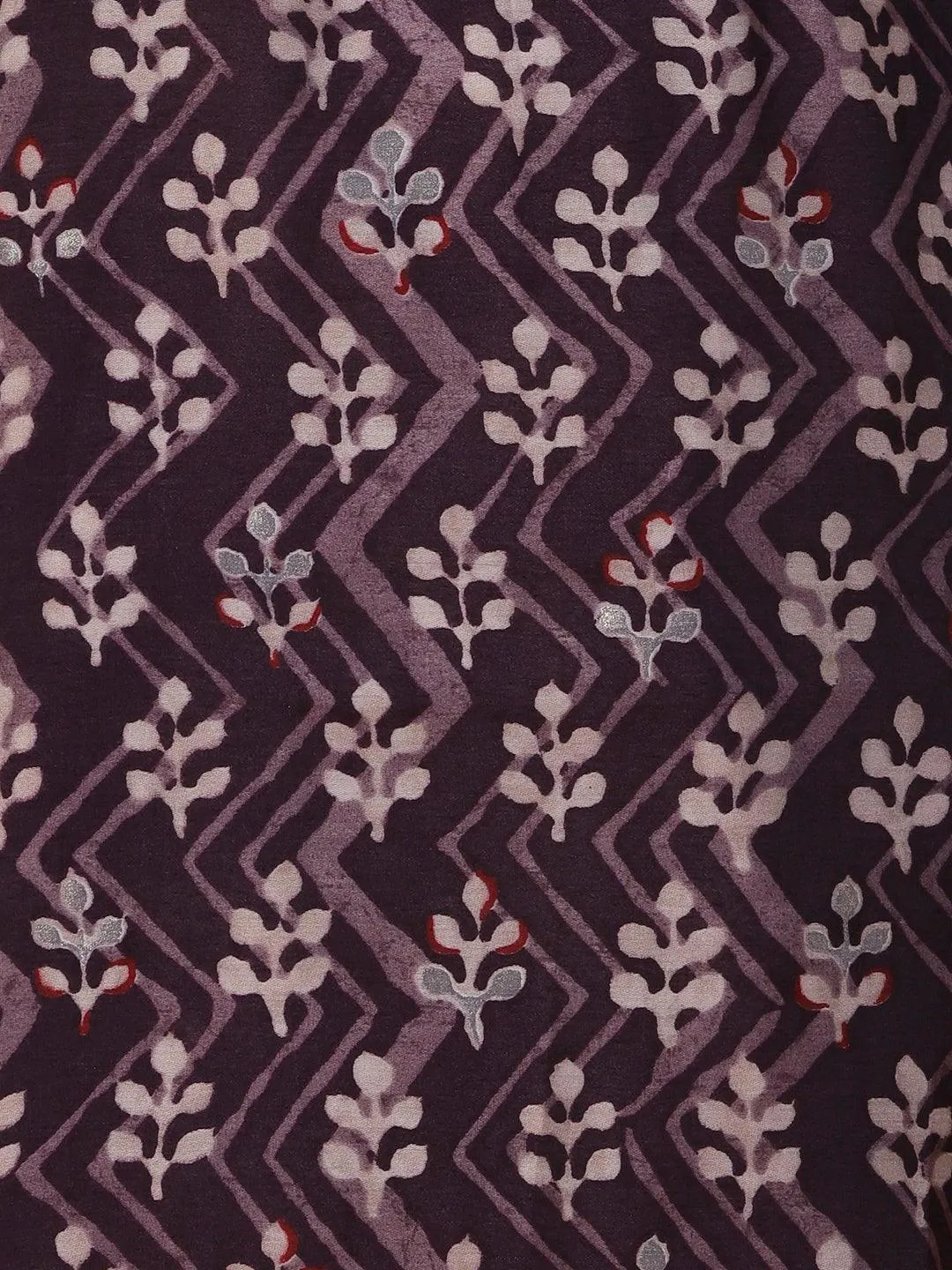 Ethnic & Chevron Batik Printed Mirror, Zari & Sequins Embroidered Kurta - Dark Mauve