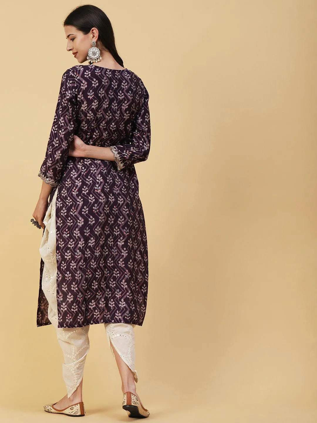 Ethnic & Chevron Batik Printed Mirror, Zari & Sequins Embroidered Kurta - Dark Mauve