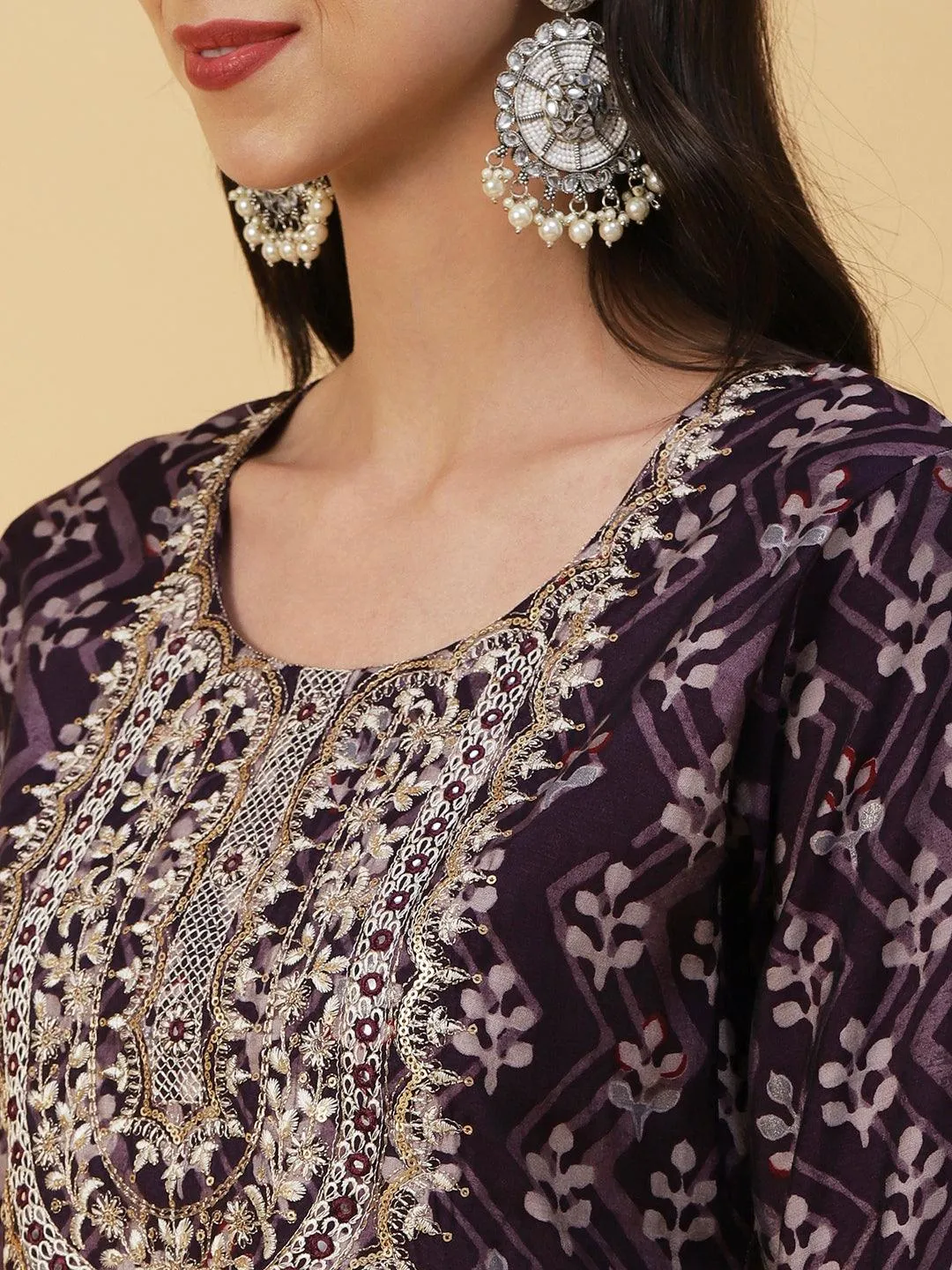 Ethnic & Chevron Batik Printed Mirror, Zari & Sequins Embroidered Kurta - Dark Mauve