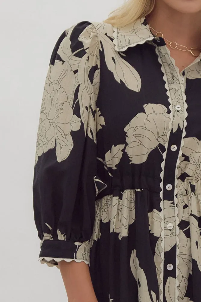 Floral Print Collared Button Up Midi Dress in Black by Entro
