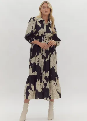 Floral Print Collared Button Up Midi Dress in Black by Entro