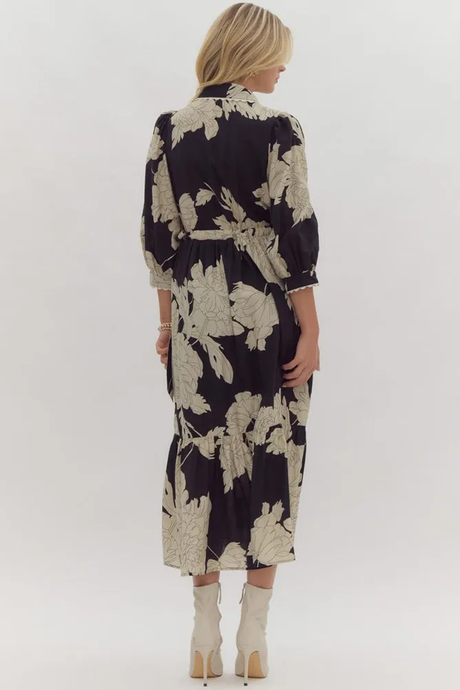 Floral Print Collared Button Up Midi Dress in Black by Entro