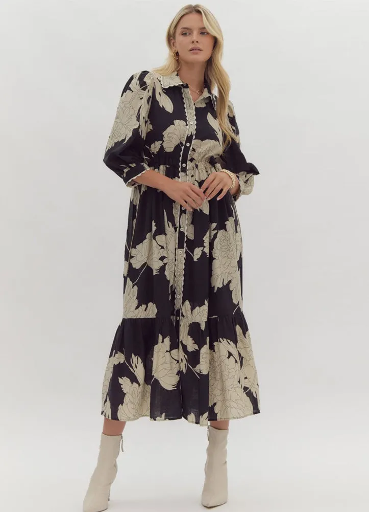Floral Print Collared Button Up Midi Dress in Black by Entro