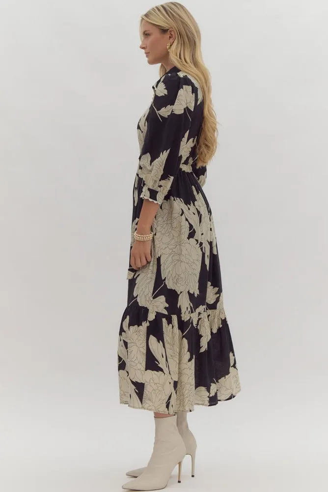 Floral Print Collared Button Up Midi Dress in Black by Entro