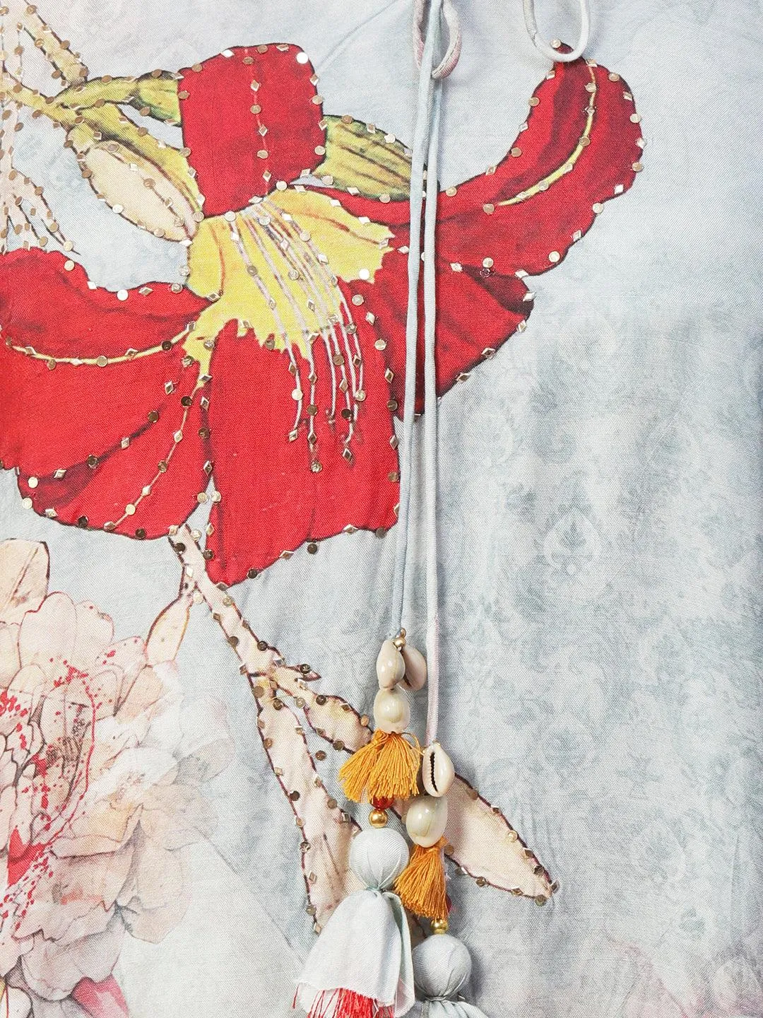 Floral Printed Mukaish Hot Fix Embroidered Kurta With Pants & Dupatta - Powder Blue & Multi