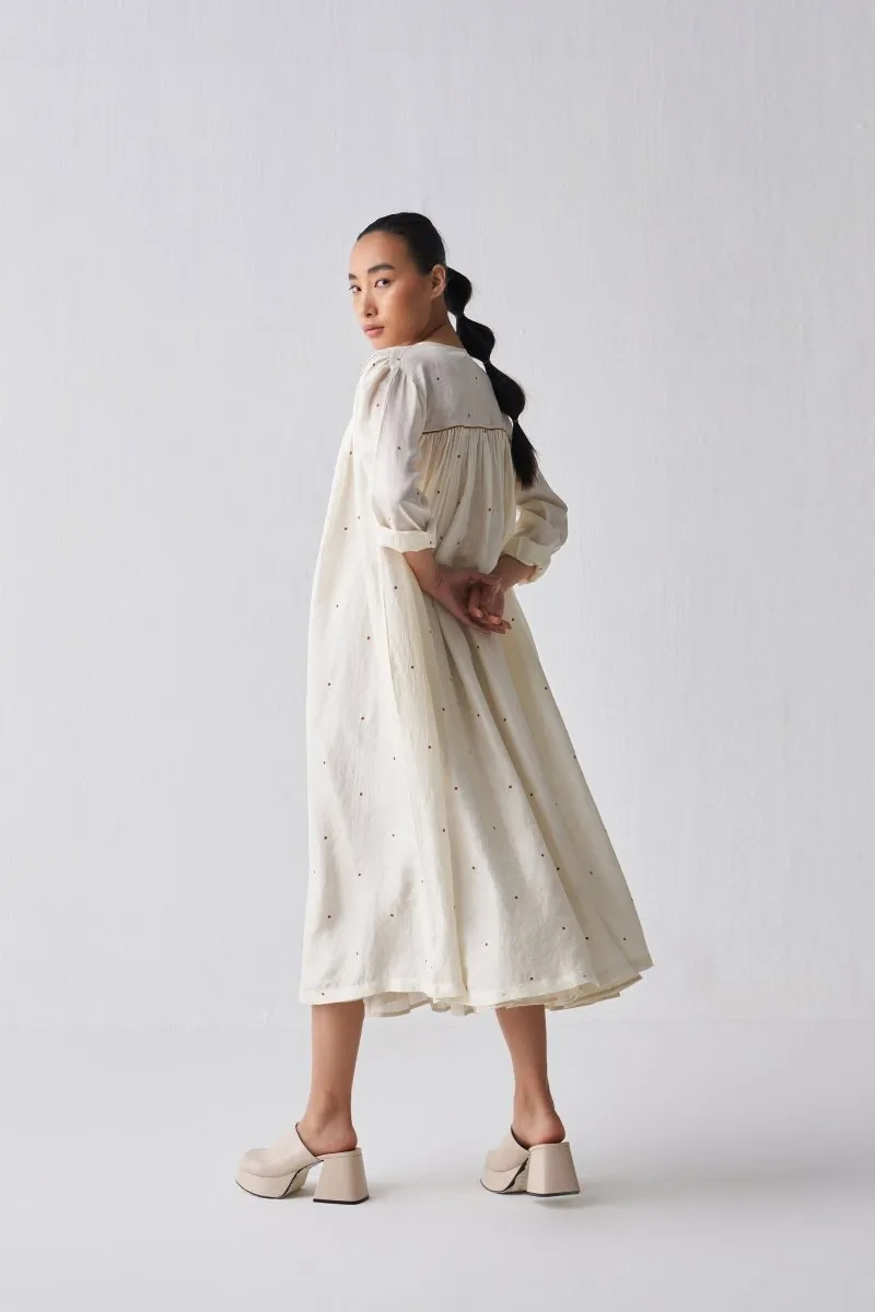 Gather Neck Dress - Rust Polka