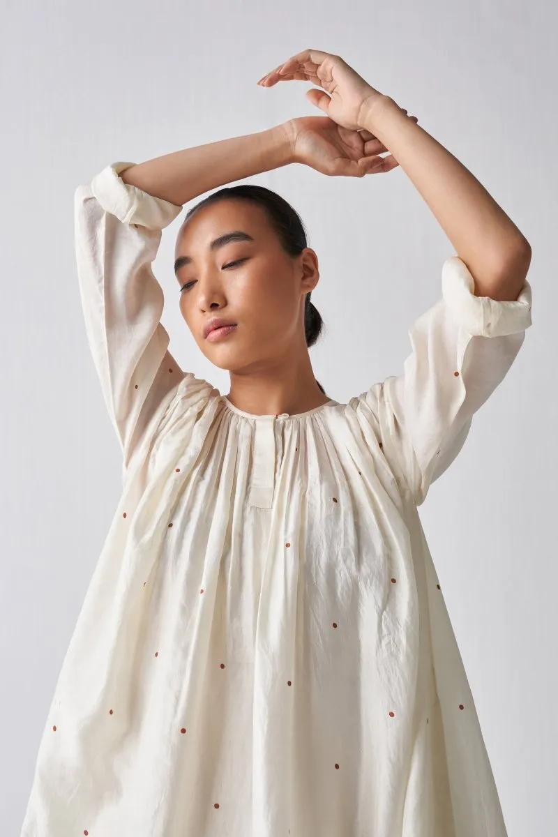 Gather Neck Dress - Rust Polka