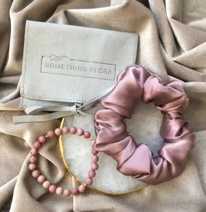Gift Set Classic Silk Scrunchie & Pink Rhodonite Bracelet