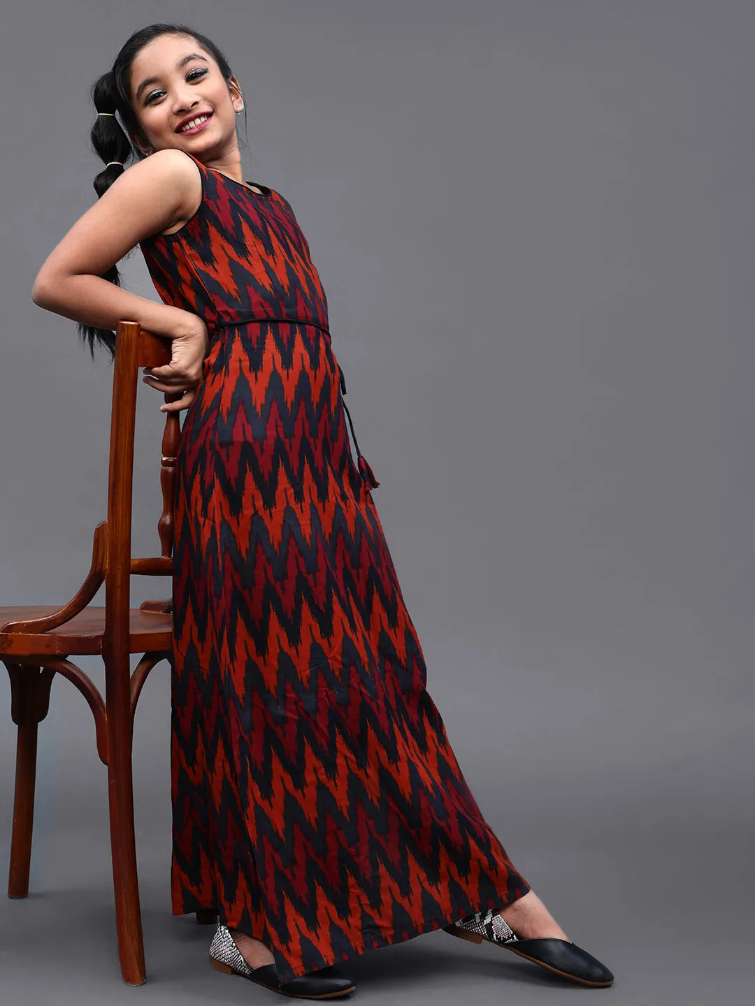 Girl's Black & Red Ikat Printed Maxi Dress - Aks Girls